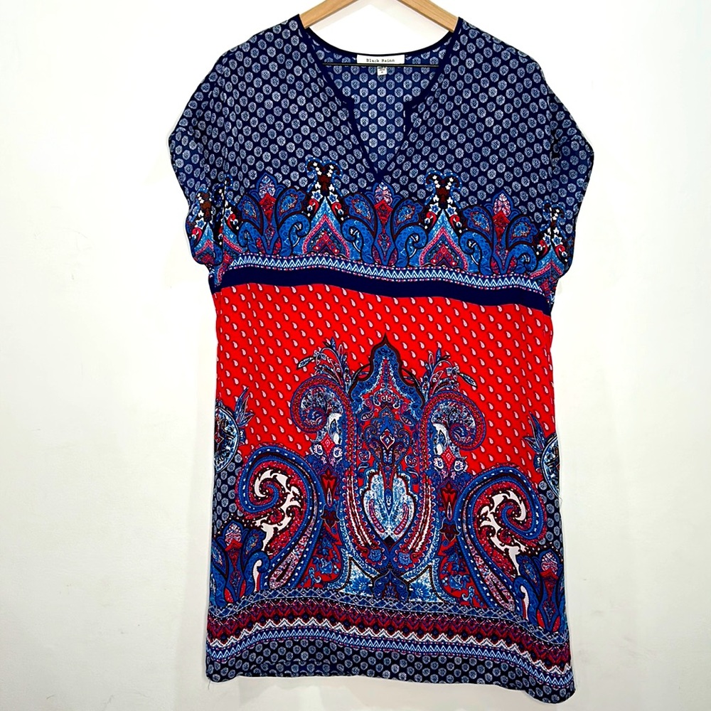 Black Rainn Women's Size Medium Sheath V Neck Cap Sleeves Dress Multi Patterned